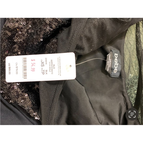 Bebe Sequin & Mesh Peplum Sweetheart Top - Picture 4 of 6